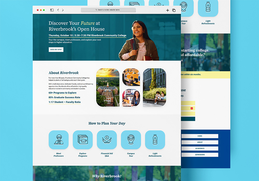 Riverbrook Community College open house landing page mockup