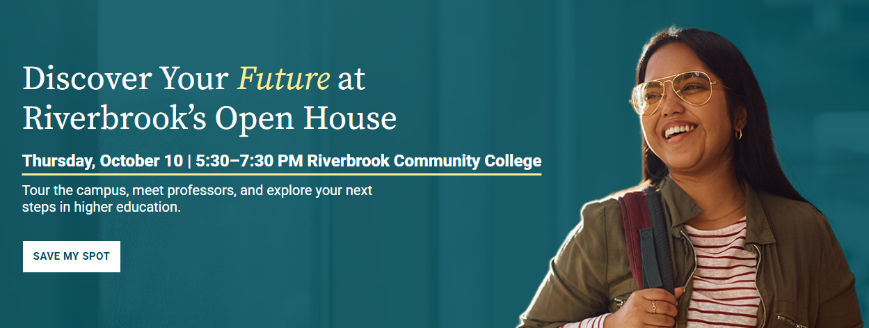 Riverbrook open house hero design showing headline, date, and call-to-action