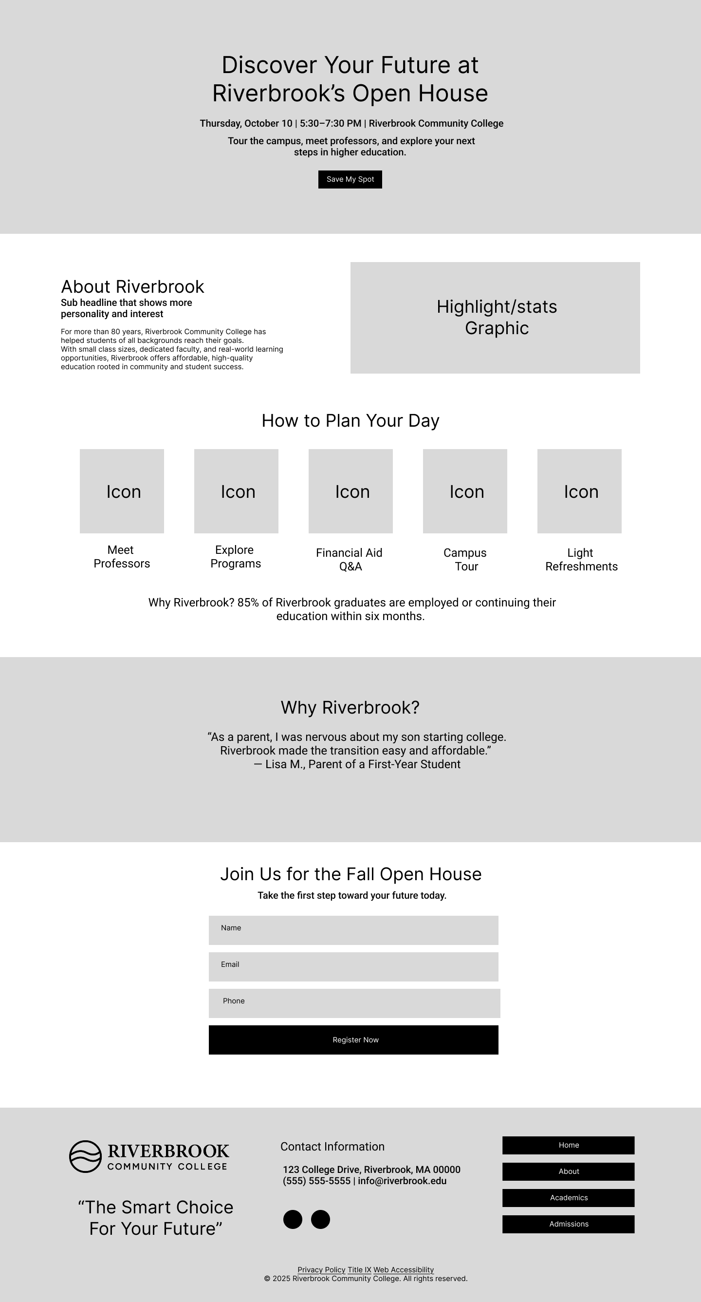Riverbrook landing page wireframe outlining hero, agenda, and form sections